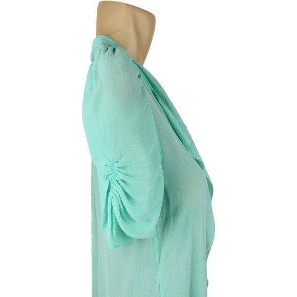 t. babaton Silk Crepe Blouse XS Mint Green Short Sleeve V Neck Ruffle CA270 - Picture 4 of 14
